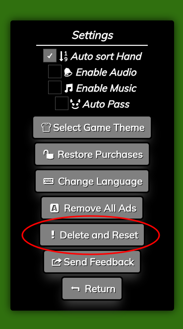 Settings screen with Delete and Reset highlighted